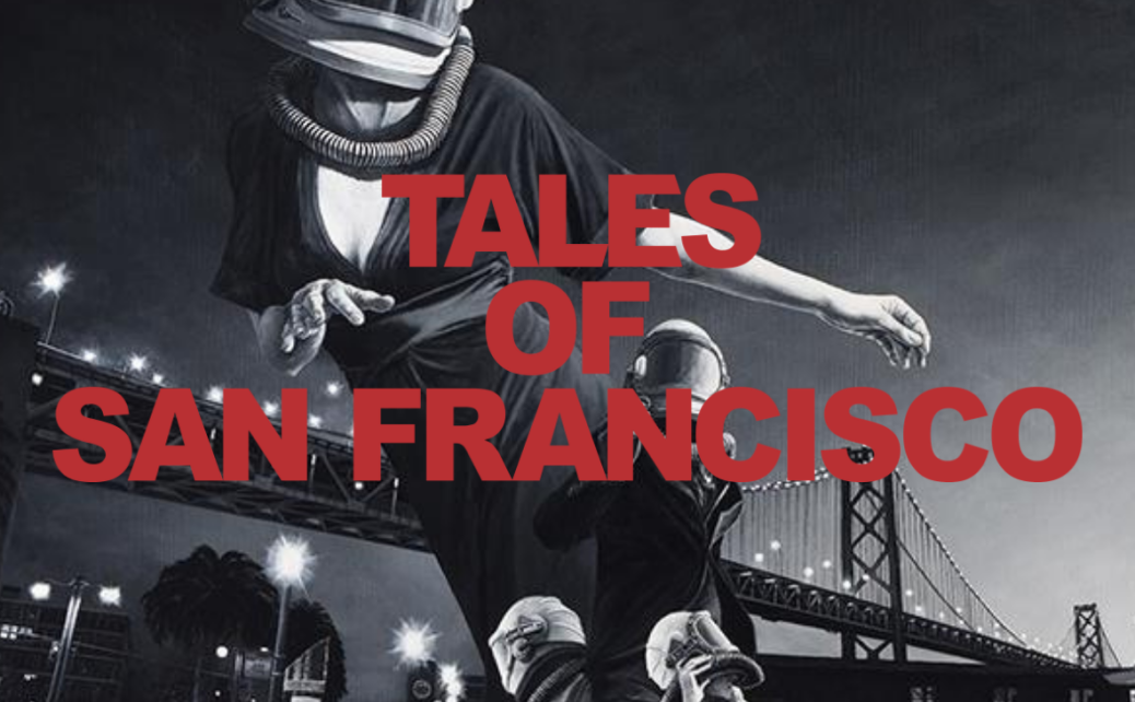 painting of space travelers in modern day street clothes near the Bay Bridge on Embarcadero Street